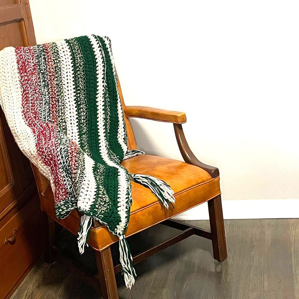 Vintage Crochet Handmade Red Green White Vertical Striped Granny Afghan Throw